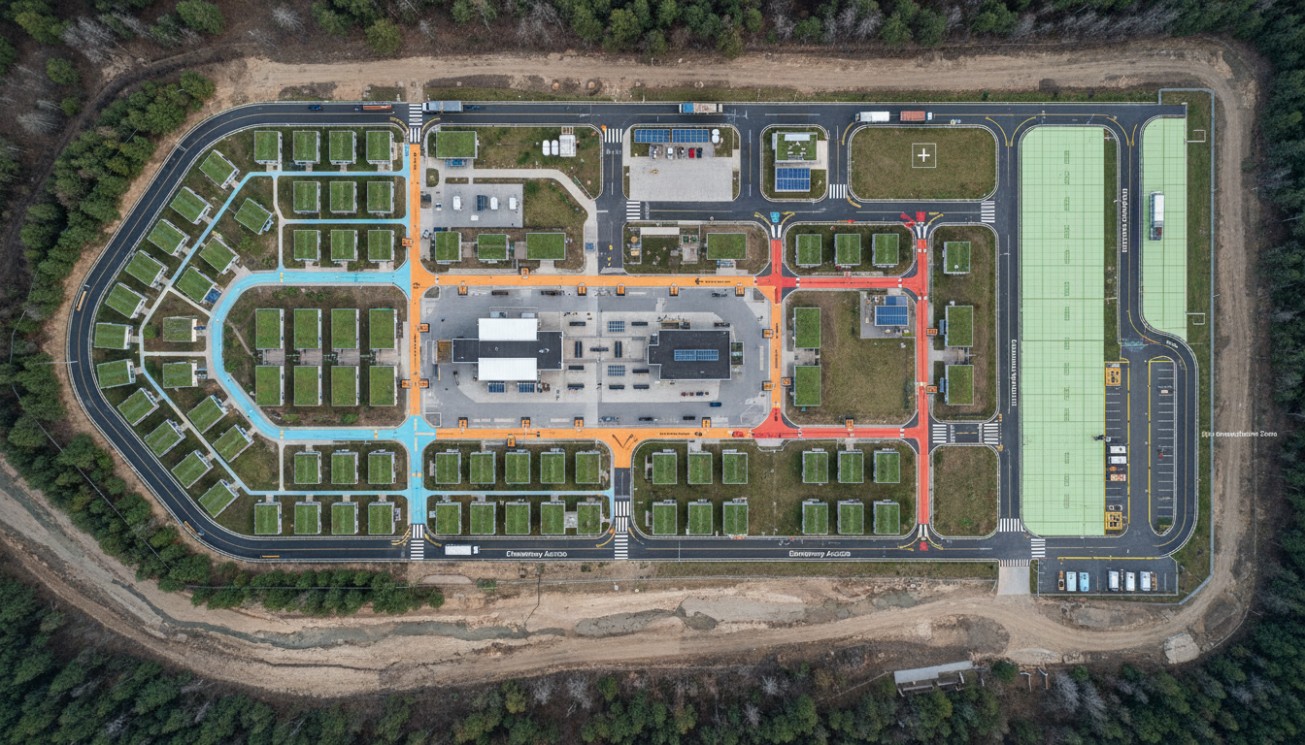 Top-down worker camp masterplan separating accommodation, central services, recreation, roads and service access